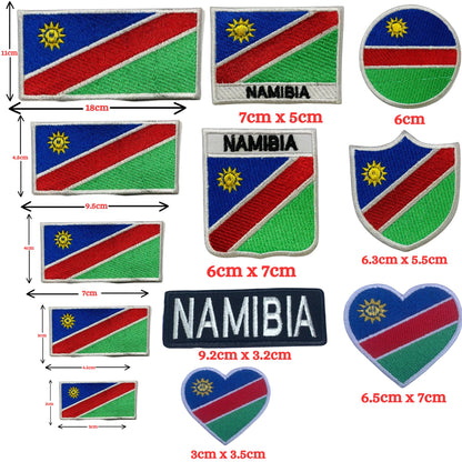 Namibia Flag Embroidered Patch Set, Iron-On or Sew-On Applique Badges, Rectangle Shield Round Heart Shapes, for Jackets, Backpacks, Hats, Uniforms and Various Sizes