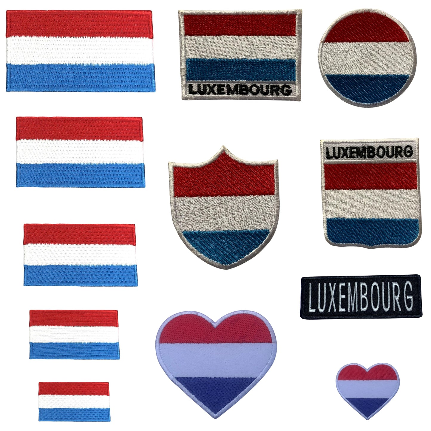 Luxembourg Flag Embroidered Patch Set, Iron-On or Sew-On Applique Badges, Rectangle Shield Round Heart Shapes, for Jackets, Backpacks, Hats, Uniforms and Various Sizes