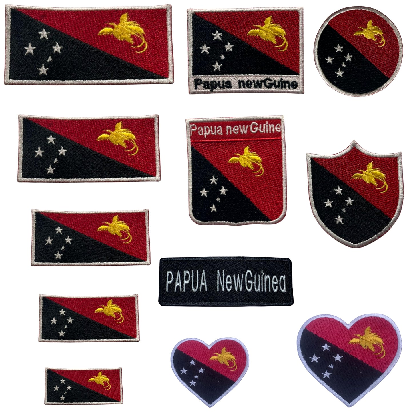 Papua New Guine Flag Embroidered Patch Set, Iron-On or Sew-On Applique Badges, Rectangle Shield Round Heart Shapes, for Jackets, Backpacks, Hats, Uniforms and Various Sizes