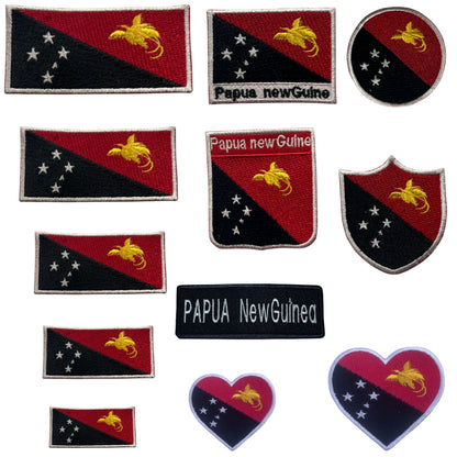 Papua New Guine Flag Embroidered Patch Set, Iron-On or Sew-On Applique Badges, Rectangle Shield Round Heart Shapes, for Jackets, Backpacks, Hats, Uniforms and Various Sizes