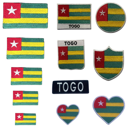 Togo Flag Embroidered Patch Set, Iron-On or Sew-On Applique Badges, Rectangle Shield Round Heart Shapes, for Jackets, Backpacks, Hats, Uniforms and Various Sizes