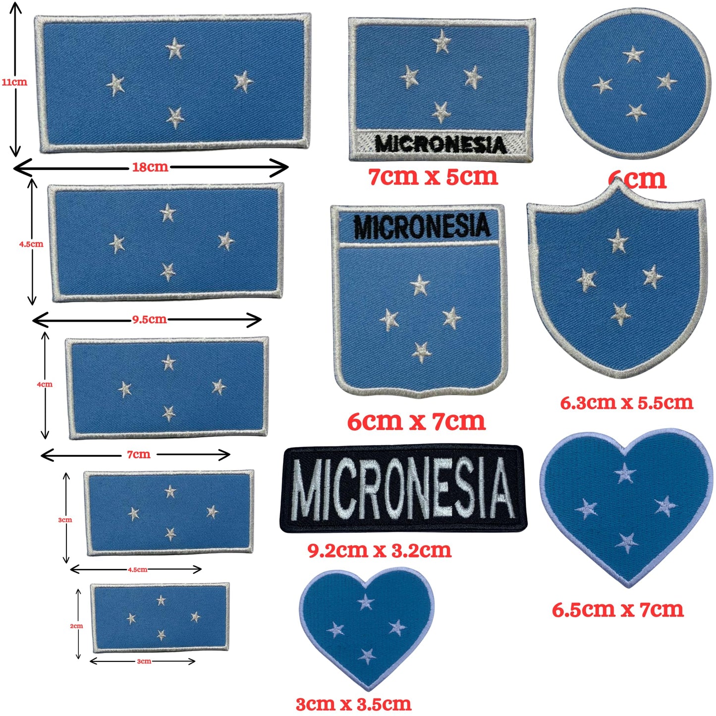 Micronesia Flag Embroidered Patch Set, Iron-On or Sew-On Applique Badges, Rectangle Shield Round Heart Shapes, for Jackets, Backpacks, Hats, Uniforms and Various Sizes