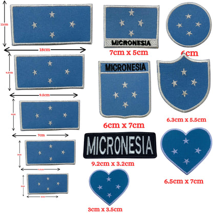 Micronesia Flag Embroidered Patch Set, Iron-On or Sew-On Applique Badges, Rectangle Shield Round Heart Shapes, for Jackets, Backpacks, Hats, Uniforms and Various Sizes