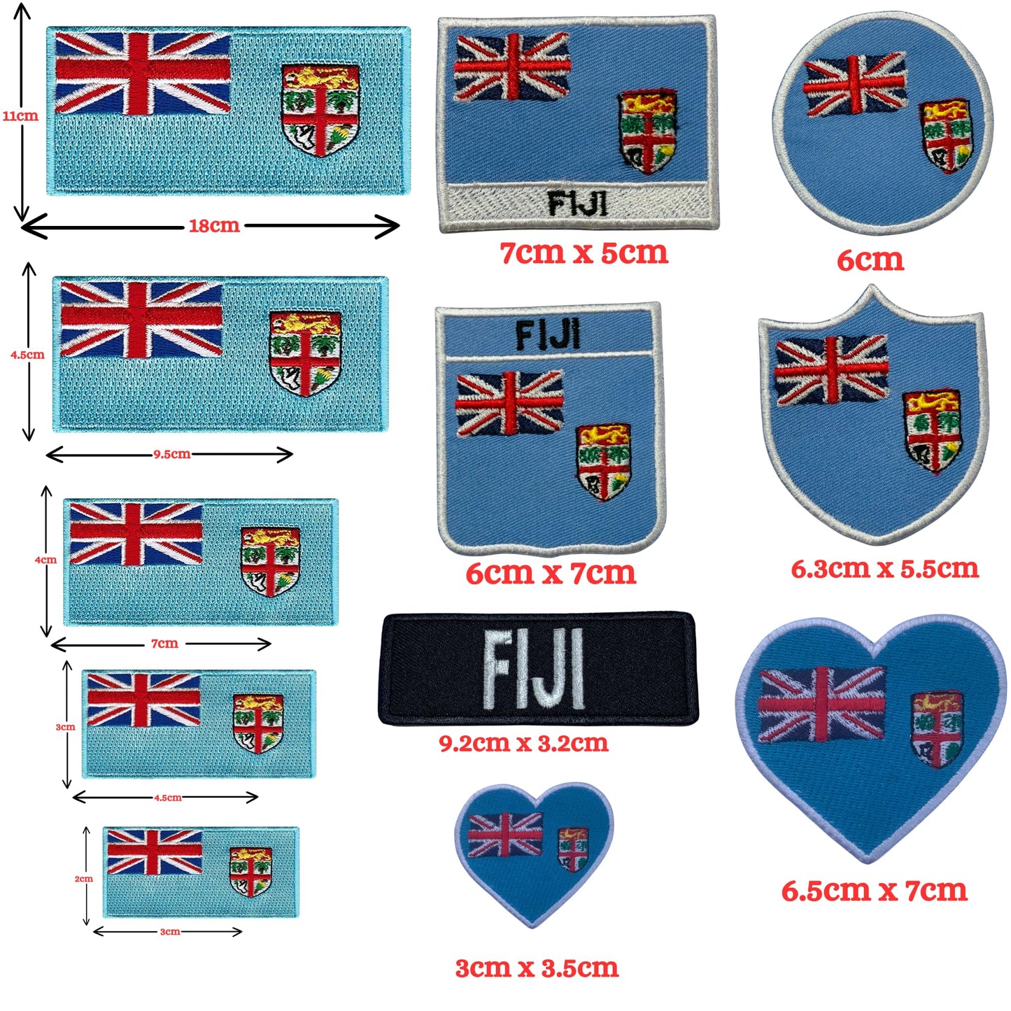 Fiji Flag Embroidered Patch Set, Iron-On or Sew-On Applique Badges, Rectangle Shield Round Heart Shapes, for Jackets, Backpacks, Hats, Uniforms and Various Sizes