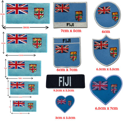 Fiji Flag Embroidered Patch Set, Iron-On or Sew-On Applique Badges, Rectangle Shield Round Heart Shapes, for Jackets, Backpacks, Hats, Uniforms and Various Sizes