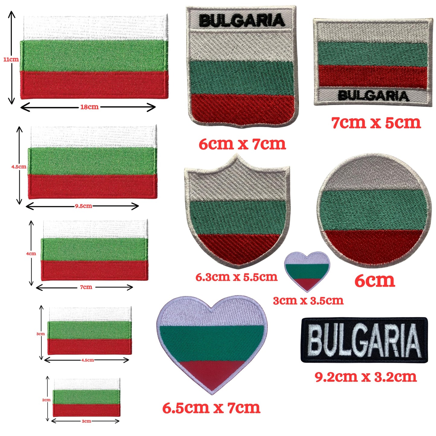 Bulgaria Flag Embroidered Patch Set, Iron-On or Sew-On Applique Badges, Rectangle Shield Round Heart Shapes, National Flag Emblem for Jackets, Backpacks, Hats, Uniforms and Various Sizes