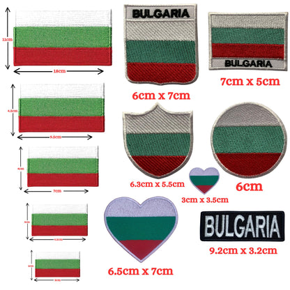 Bulgaria Flag Embroidered Patch Set, Iron-On or Sew-On Applique Badges, Rectangle Shield Round Heart Shapes, National Flag Emblem for Jackets, Backpacks, Hats, Uniforms and Various Sizes
