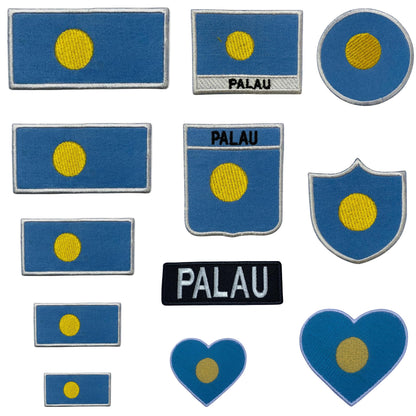 Palau Flag Embroidered Patch Set, Iron-On or Sew-On Applique Badges, Rectangle Shield Round Heart Shapes, for Jackets, Backpacks, Hats, Uniforms and Various Sizes