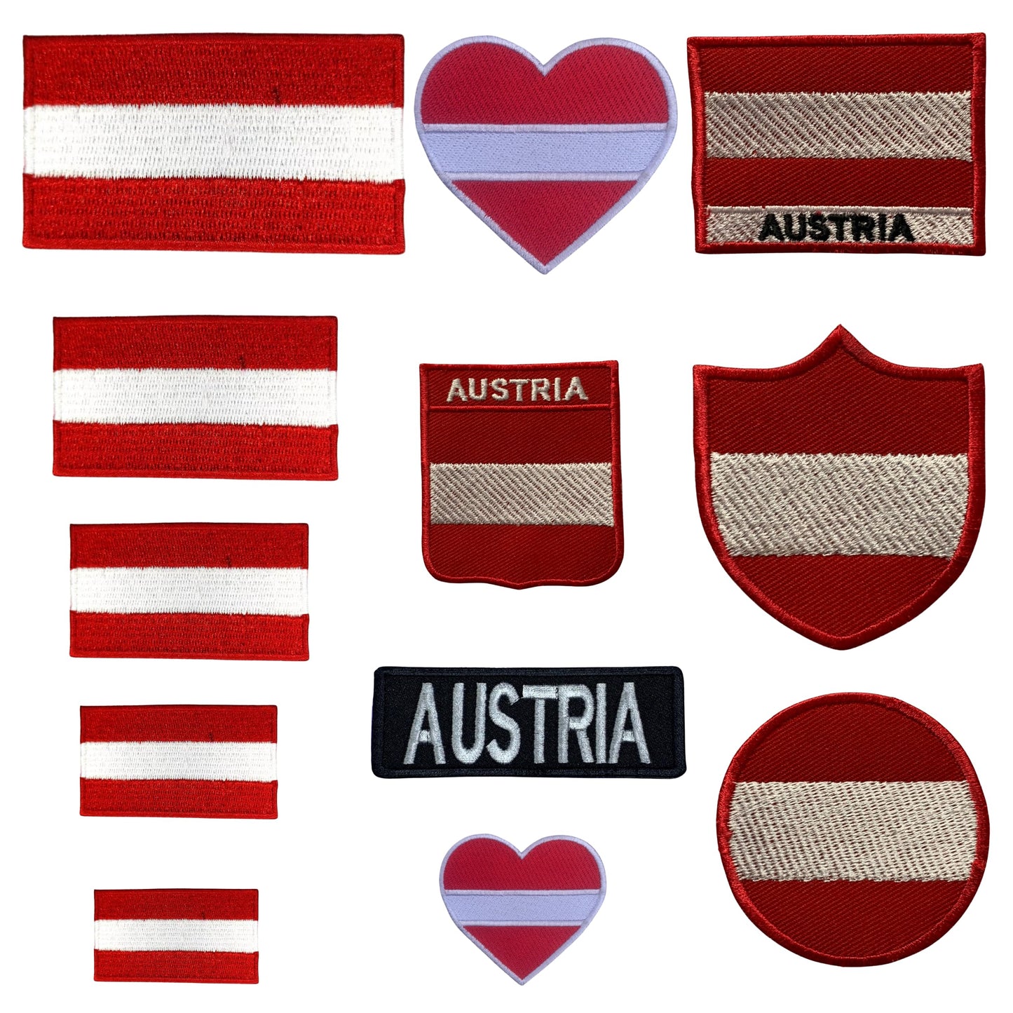 Austria Flag Embroidered Patches, Iron-On/Sew-On Applique, Shield, Round, Heart and Rectangle Flag Badges for Jackets, Bags, Uniforms, Various Sizes