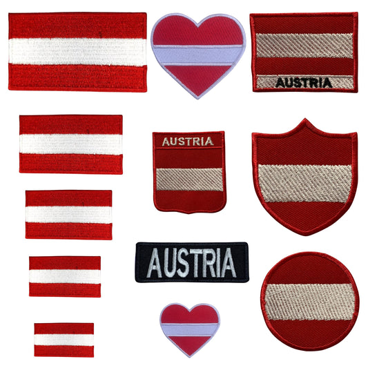 Austria Flag Embroidered Patches, Iron-On/Sew-On Applique, Shield, Round, Heart and Rectangle Flag Badges for Jackets, Bags, Uniforms, Various Sizes