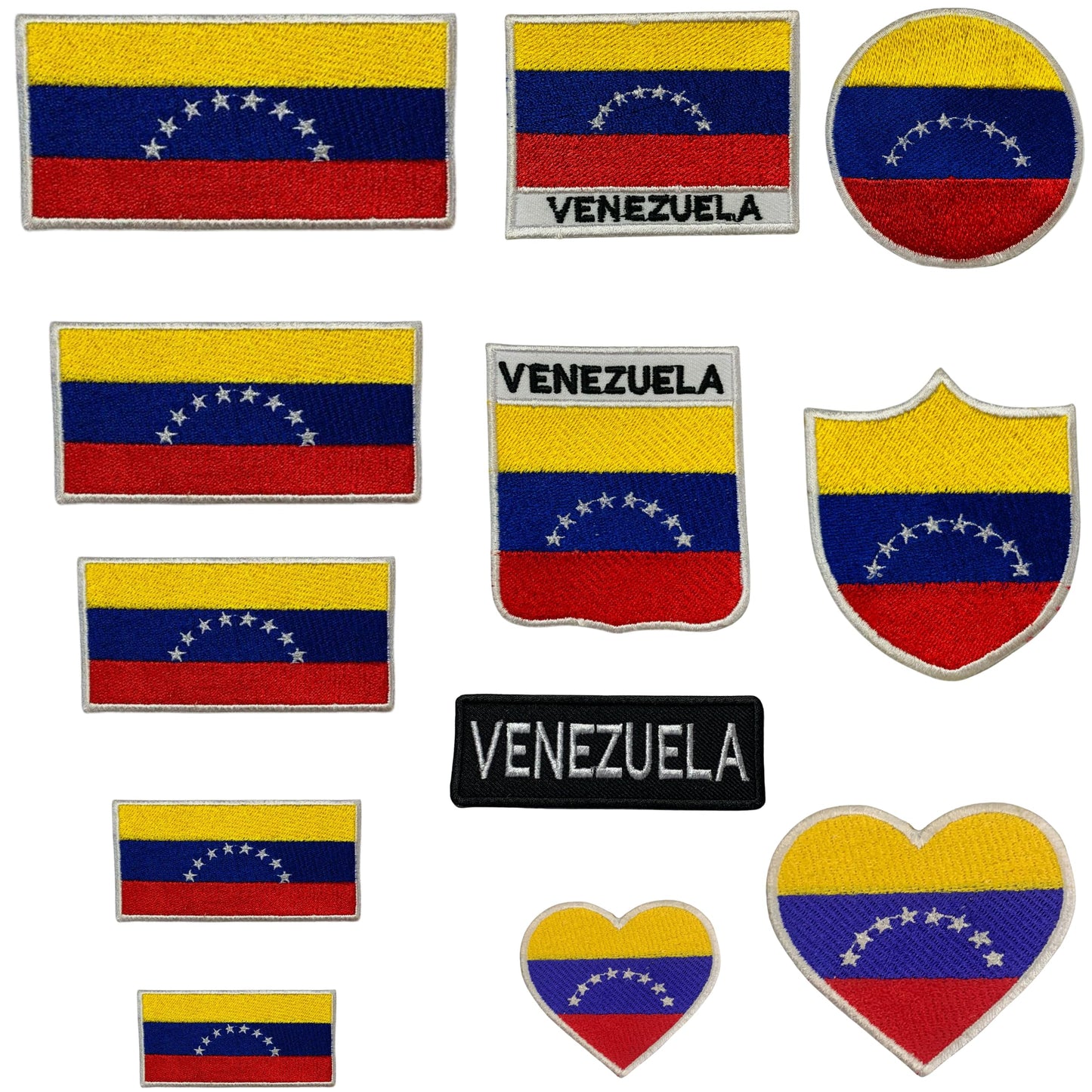 Venezuela Flag Embroidered Patch Set, Iron-On or Sew-On Applique Badges, Rectangle Shield Round Heart Shapes, for Jackets, Backpacks, Hats, Uniforms and Various Sizes