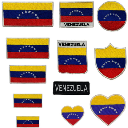 Venezuela Flag Embroidered Patch Set, Iron-On or Sew-On Applique Badges, Rectangle Shield Round Heart Shapes, for Jackets, Backpacks, Hats, Uniforms and Various Sizes