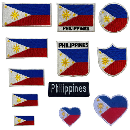 Philippines Flag Embroidered Patch Set, Iron-On or Sew-On Applique Badges, Rectangle Shield Round Heart Shapes, for Jackets, Backpacks, Hats, Uniforms and Various Sizes
