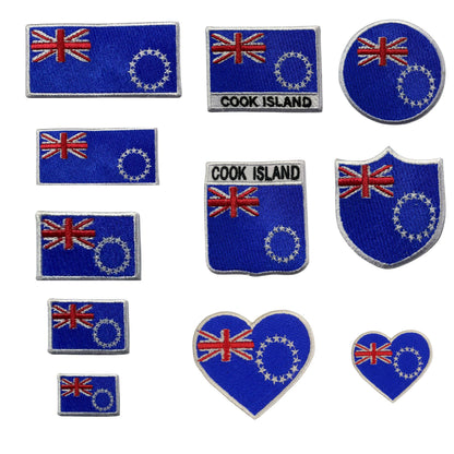 Cook Island Flag Embroidered Patch Set, Iron-On or Sew-On Applique Badges, Rectangle Shield Round Heart Shapes, for Jackets, Backpacks, Hats, Uniforms and Various Sizes