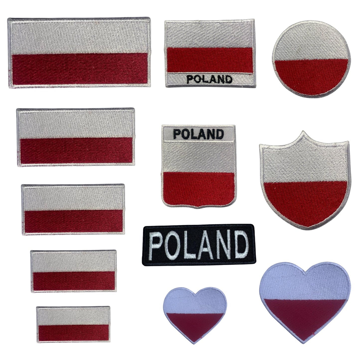BeBuz Poland Flag Embroidered Patches, Iron-On/Sew-On Applique, Shield, Round, Heart and Rectangle Flag Badges for Jackets, Bags, Uniforms, Various Sizes