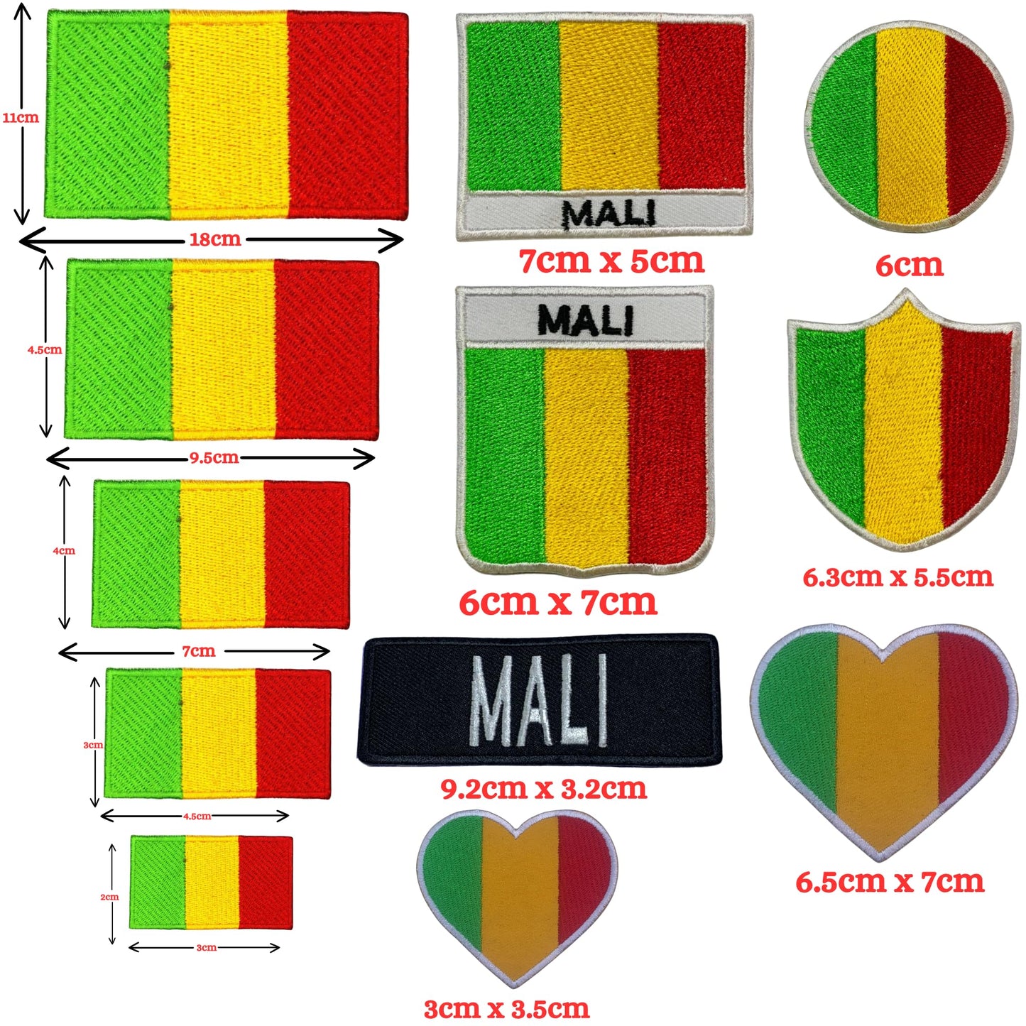 Mali Flag Embroidered Patch Set, Iron-On or Sew-On Applique Badges, Rectangle Shield Round Heart Shapes, for Jackets, Backpacks, Hats, Uniforms and Various Sizes