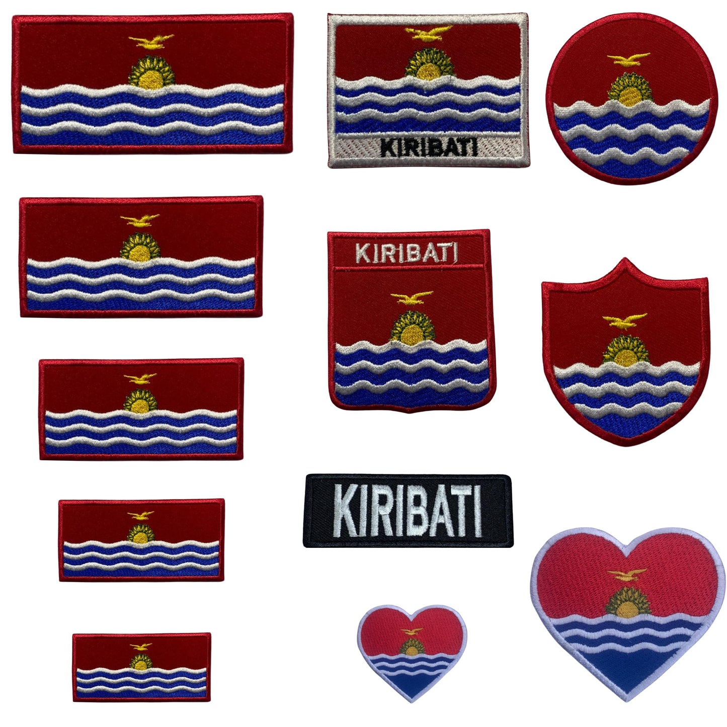 Kiribati Flag Embroidered Patch Set, Iron-On or Sew-On Applique Badges, Rectangle Shield Round Heart Shapes, for Jackets, Backpacks, Hats, Uniforms and Various Sizes