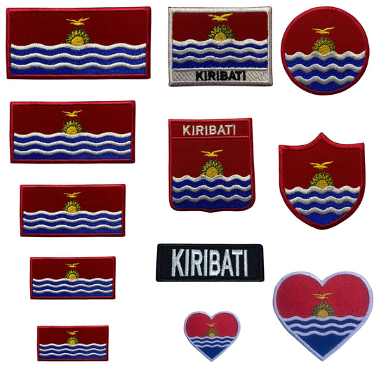 Kiribati Flag Embroidered Patch Set, Iron-On or Sew-On Applique Badges, Rectangle Shield Round Heart Shapes, for Jackets, Backpacks, Hats, Uniforms and Various Sizes