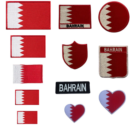 Bahrain Flag Embroidered Patches, Iron-On/Sew-On Applique, Shield, Round, Heart and Rectangle Flag Badges for Jackets, Bags, Uniforms, Various Sizes