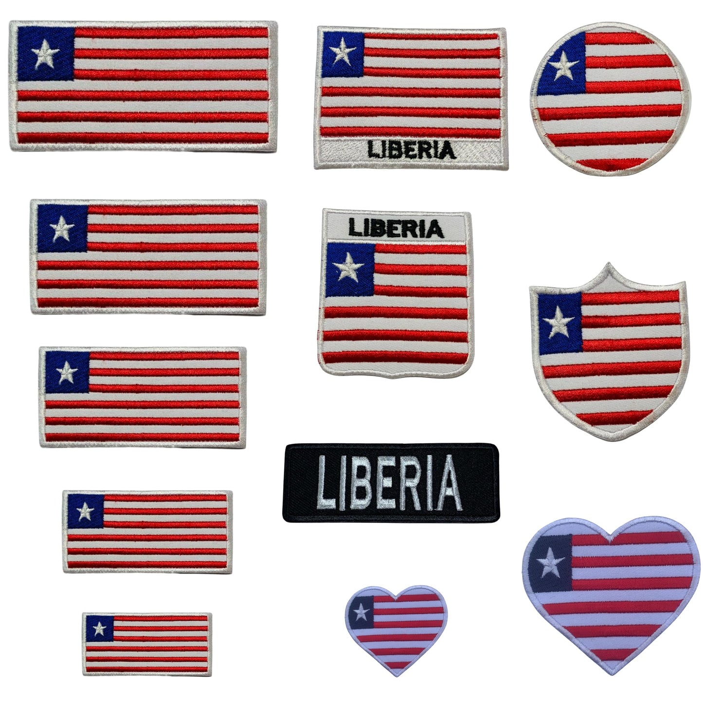 Liberia Flag Embroidered Patch Set, Iron-On or Sew-On Applique Badges, Rectangle Shield Round Heart Shapes, for Jackets, Backpacks, Hats, Uniforms and Various Sizes
