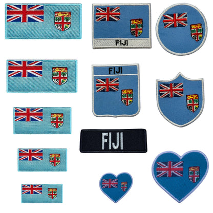 Fiji Flag Embroidered Patch Set, Iron-On or Sew-On Applique Badges, Rectangle Shield Round Heart Shapes, for Jackets, Backpacks, Hats, Uniforms and Various Sizes