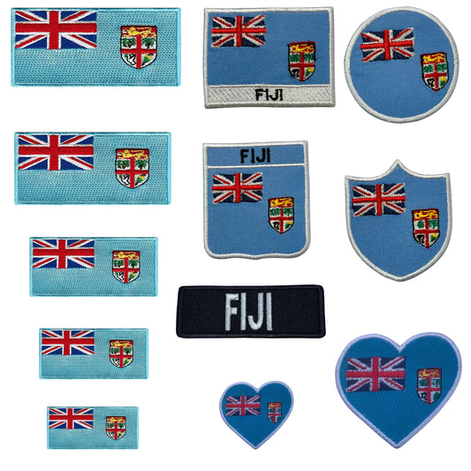 Fiji Flag Embroidered Patch Set, Iron-On or Sew-On Applique Badges, Rectangle Shield Round Heart Shapes, for Jackets, Backpacks, Hats, Uniforms and Various Sizes
