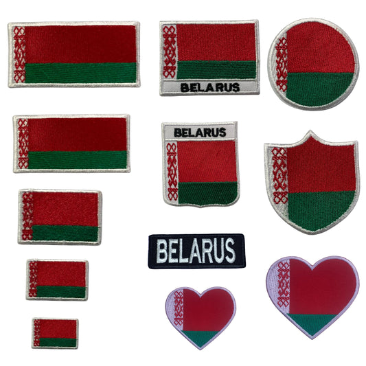 Belarus Flag Embroidered Patches, Iron-On/Sew-On Applique, Shield, Round, Heart and Rectangle Flag Badges for Jackets, Bags, Uniforms, Various Sizes