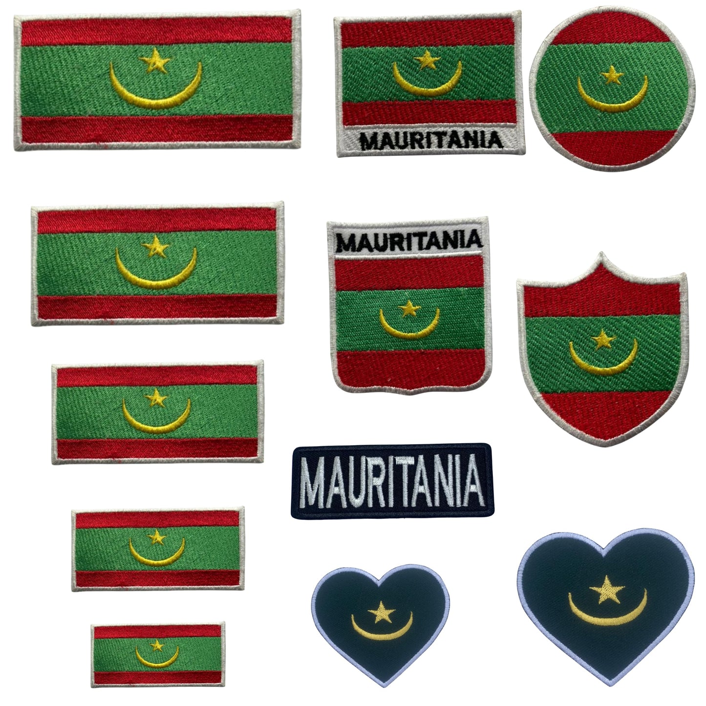 Mauritania Flag Embroidered Patch Set, Iron-On or Sew-On Applique Badges, Rectangle Shield Round Heart Shapes, for Jackets, Backpacks, Hats, Uniforms and Various Sizes