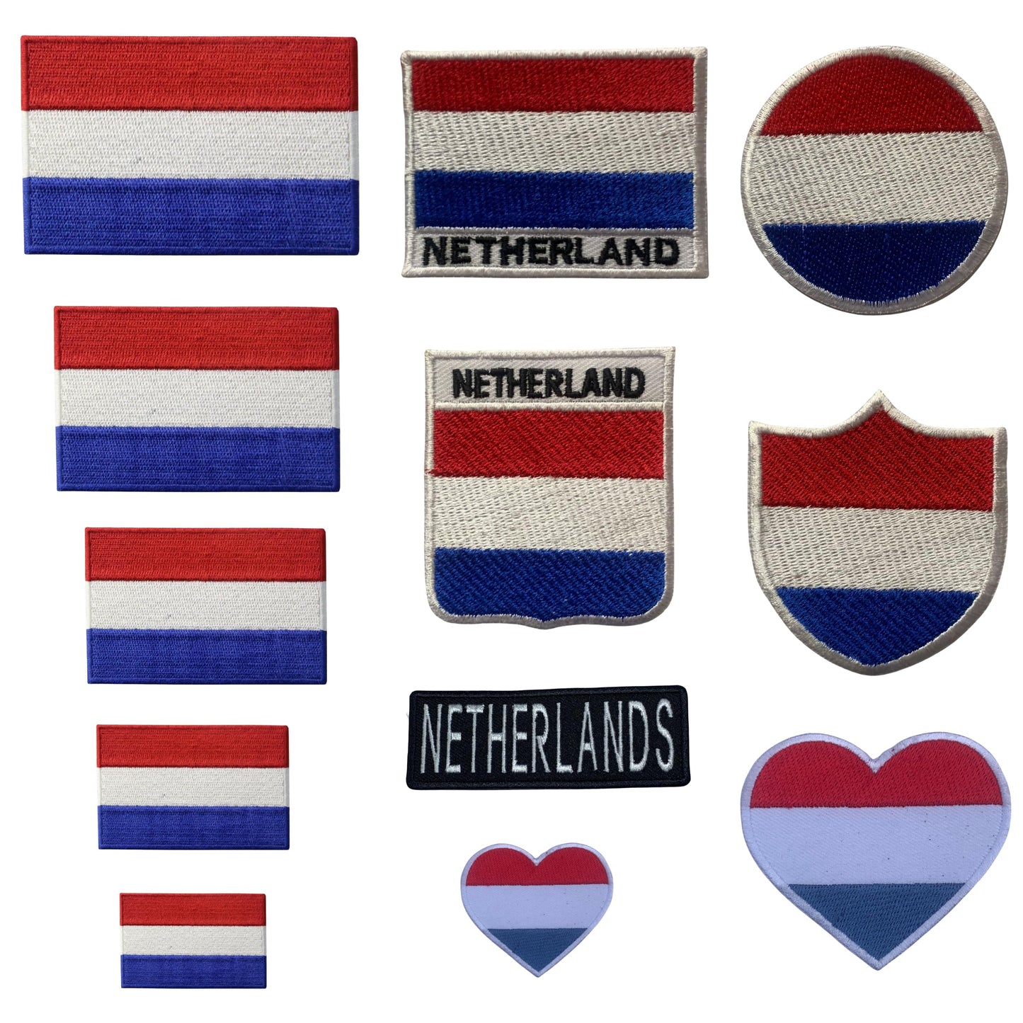 BeBuz Netherlands Flag Embroidered Patches, Iron-On/Sew-On Applique, Shield, Round, Heart and Rectangle Flag Badges for Jackets, Bags, Uniforms, Various Sizes