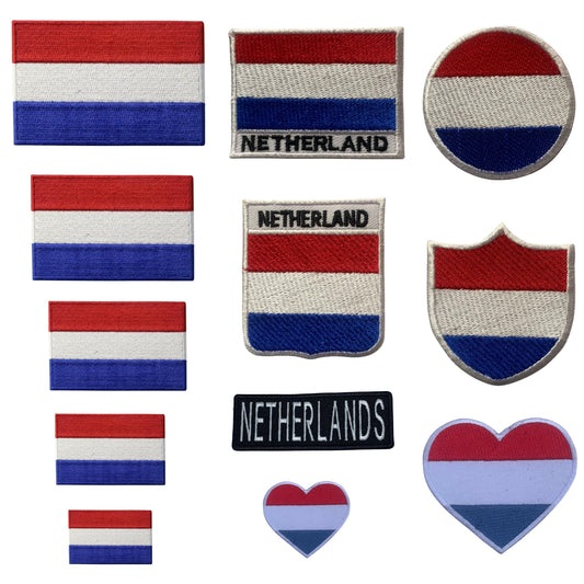 BeBuz Netherlands Flag Embroidered Patches, Iron-On/Sew-On Applique, Shield, Round, Heart and Rectangle Flag Badges for Jackets, Bags, Uniforms, Various Sizes