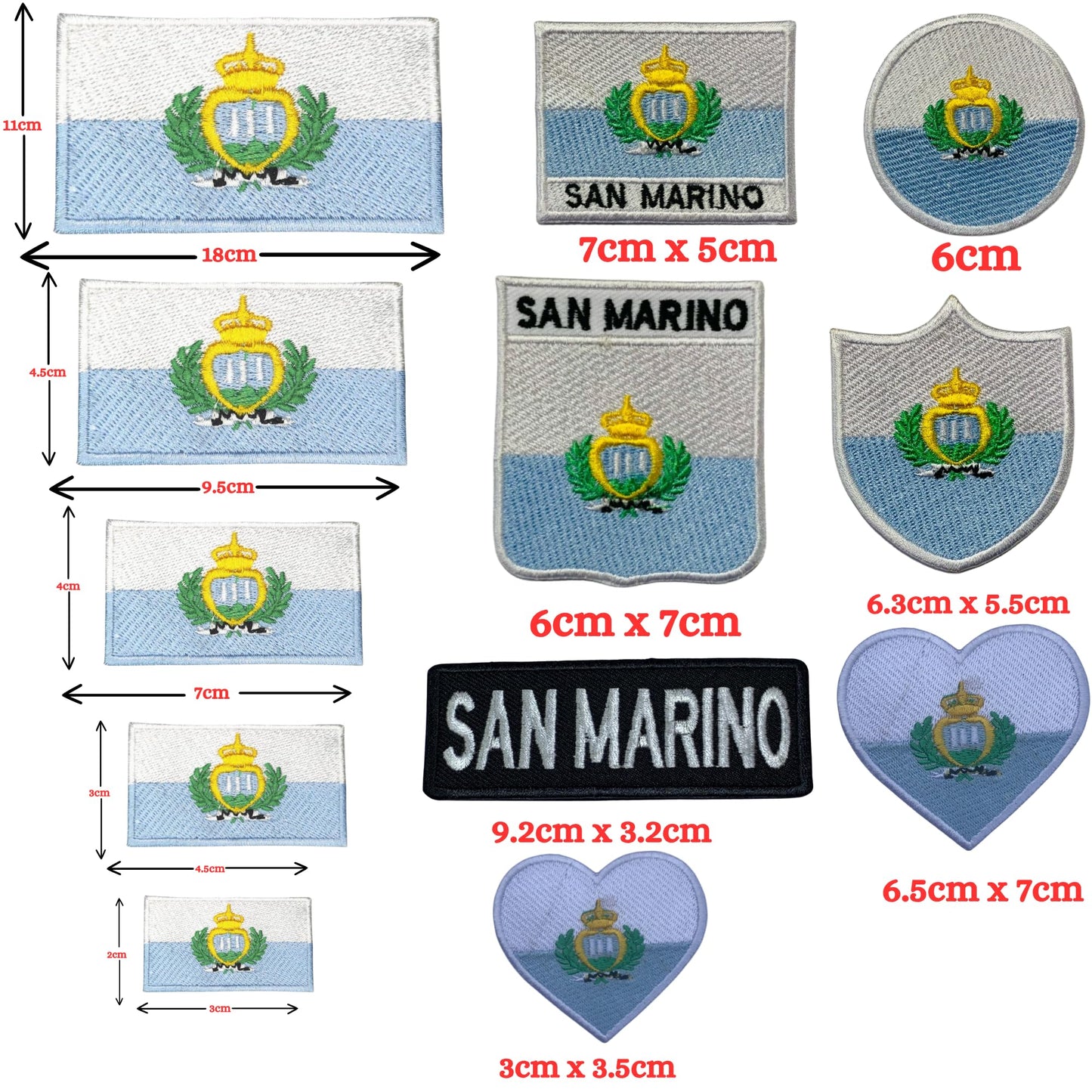 San Marino Flag Embroidered Patch Set, Iron-On or Sew-On Applique Badges, Rectangle Shield Round Heart Shapes, for Jackets, Backpacks, Hats, Uniforms and Various Sizes