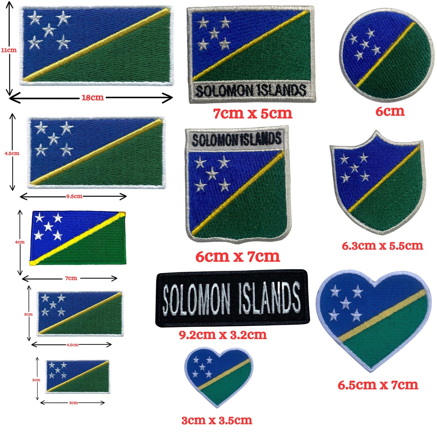 Solomon Islands Flag Embroidered Patch Set, Iron-On or Sew-On Applique Badges, Rectangle Shield Round Heart Shapes, for Jackets, Backpacks, Hats, Uniforms and Various Sizes