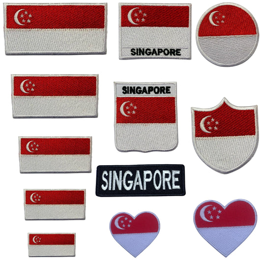 Singapore Flag Embroidered Patch Set, Iron-On or Sew-On Applique Badges, Rectangle Shield Round Heart Shapes, for Jackets, Backpacks, Hats, Uniforms and Various Sizes