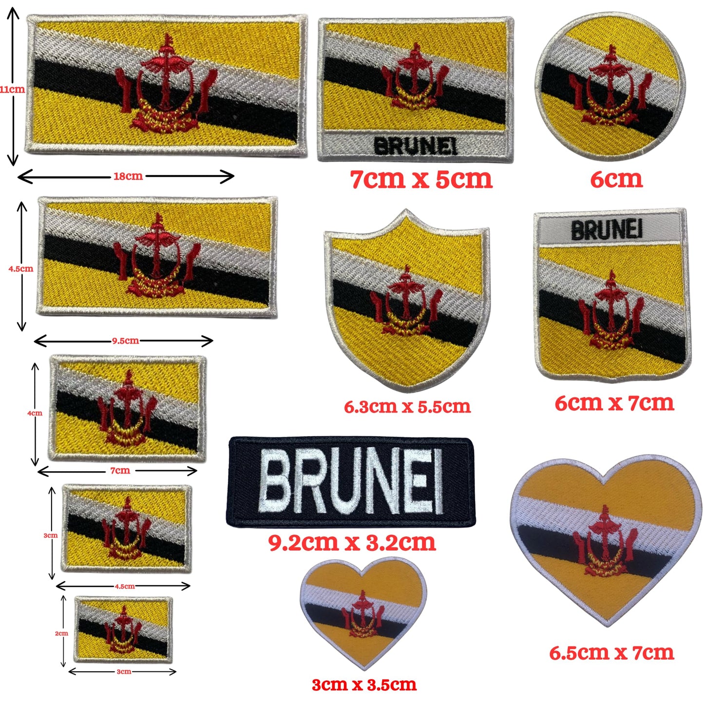 BeBuz Brunei Flag Embroidered Patch Set, Iron-On or Sew-On Applique Badges, Rectangle Shield Round Heart Shapes, National Flag Emblem for Jackets, Backpacks, Hats, Uniforms and Various Sizes