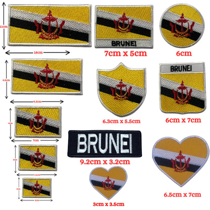 BeBuz Brunei Flag Embroidered Patch Set, Iron-On or Sew-On Applique Badges, Rectangle Shield Round Heart Shapes, National Flag Emblem for Jackets, Backpacks, Hats, Uniforms and Various Sizes