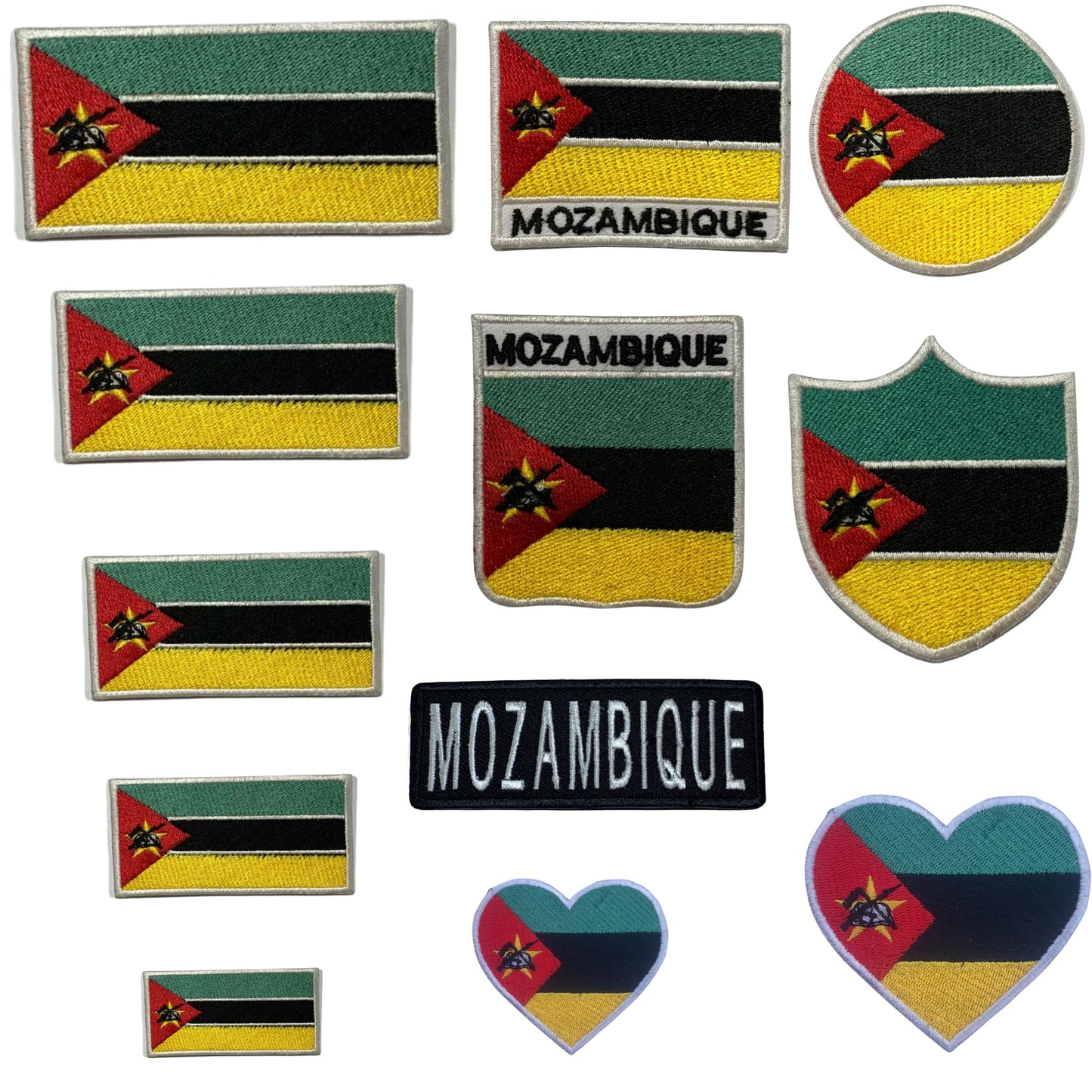 Mozambique Flag Embroidered Patch Set, Iron-On or Sew-On Applique Badges, Rectangle Shield Round Heart Shapes, for Jackets, Backpacks, Hats, Uniforms and Various Sizes