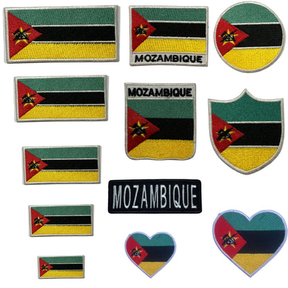 Mozambique Flag Embroidered Patch Set, Iron-On or Sew-On Applique Badges, Rectangle Shield Round Heart Shapes, for Jackets, Backpacks, Hats, Uniforms and Various Sizes