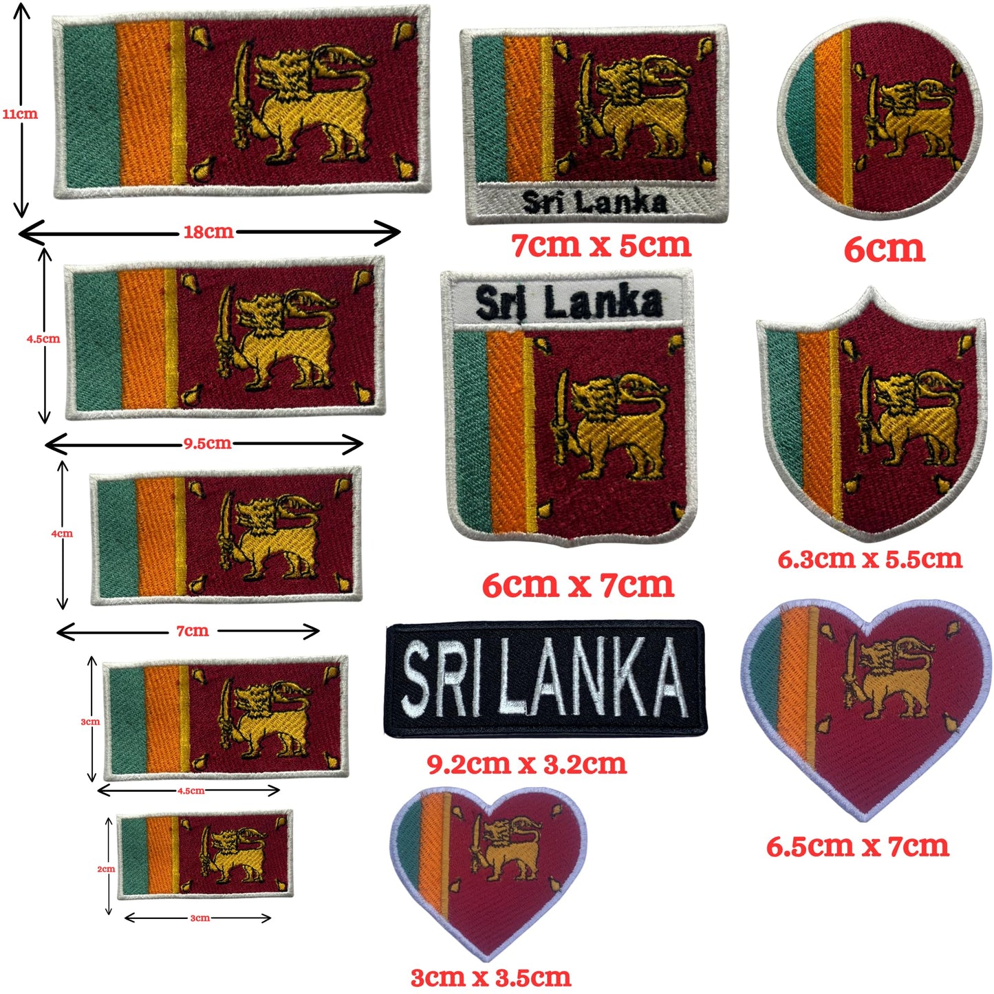 Sri Lanka Flag Embroidered Patch Set, Iron-On or Sew-On Applique Badges, Rectangle Shield Round Heart Shapes, for Jackets, Backpacks, Hats, Uniforms and Various Sizes