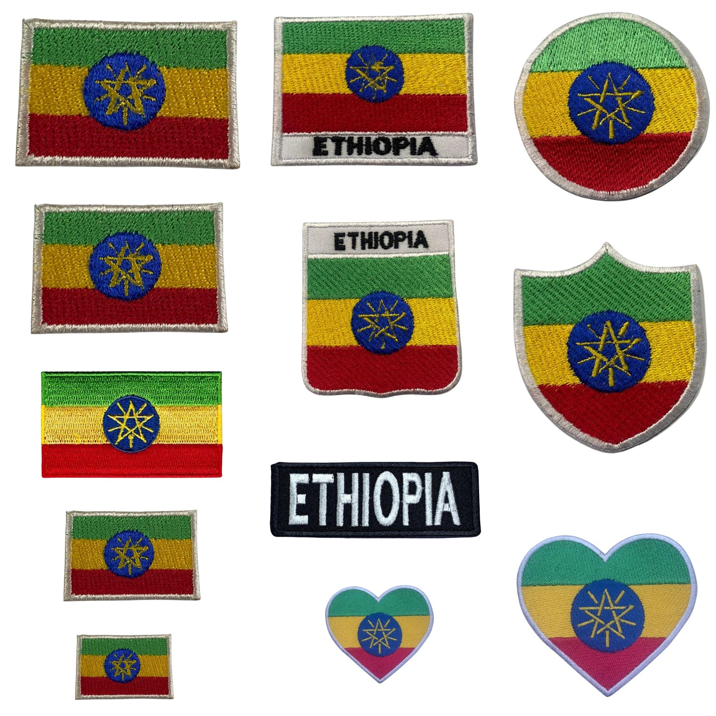 Ethiopia Flag Embroidered Patch Set, Iron-On or Sew-On Applique Badges, Rectangle Shield Round Heart Shapes, for Jackets, Backpacks, Hats, Uniforms and Various Sizes
