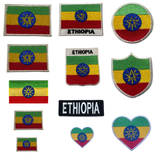 Ethiopia Flag Embroidered Patch Set, Iron-On or Sew-On Applique Badges, Rectangle Shield Round Heart Shapes, for Jackets, Backpacks, Hats, Uniforms and Various Sizes