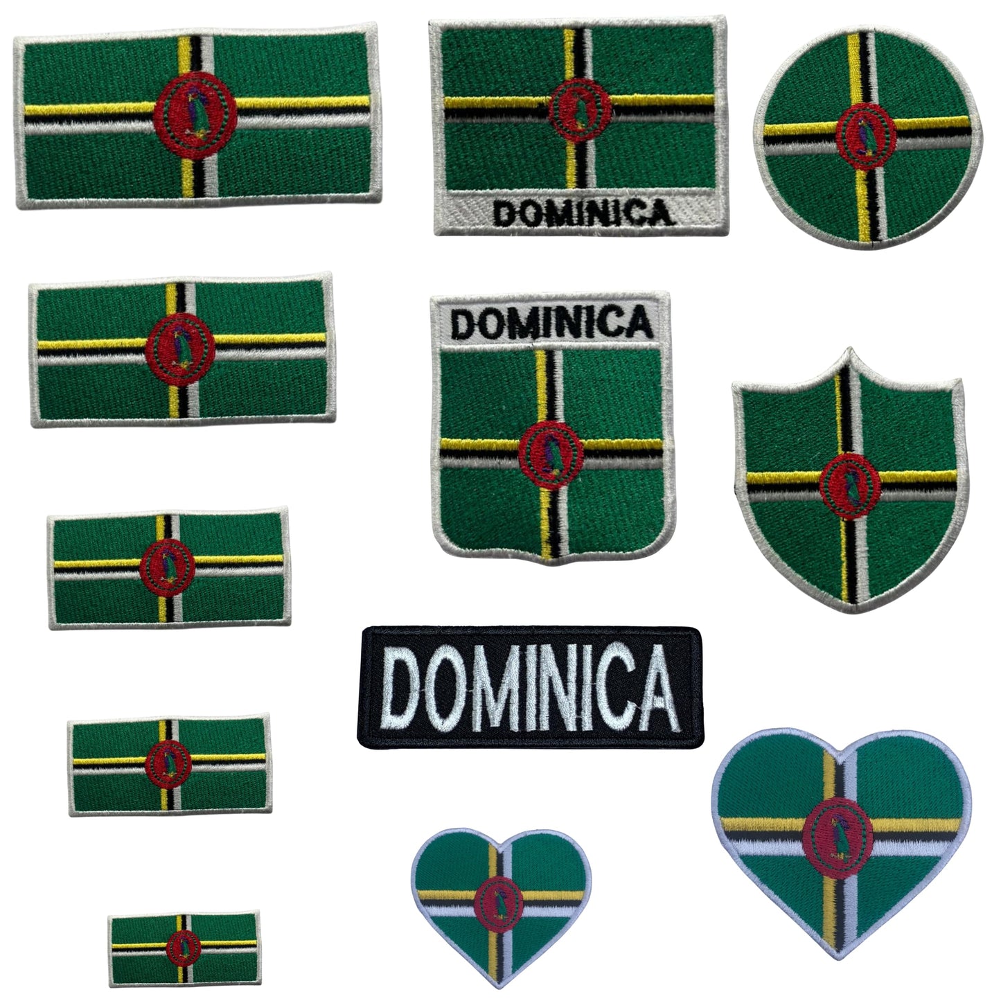 Dominica Flag Embroidered Patch Set, Iron-On or Sew-On Applique Badges, Rectangle Shield Round Heart Shapes, for Jackets, Backpacks, Hats, Uniforms and Various Sizes