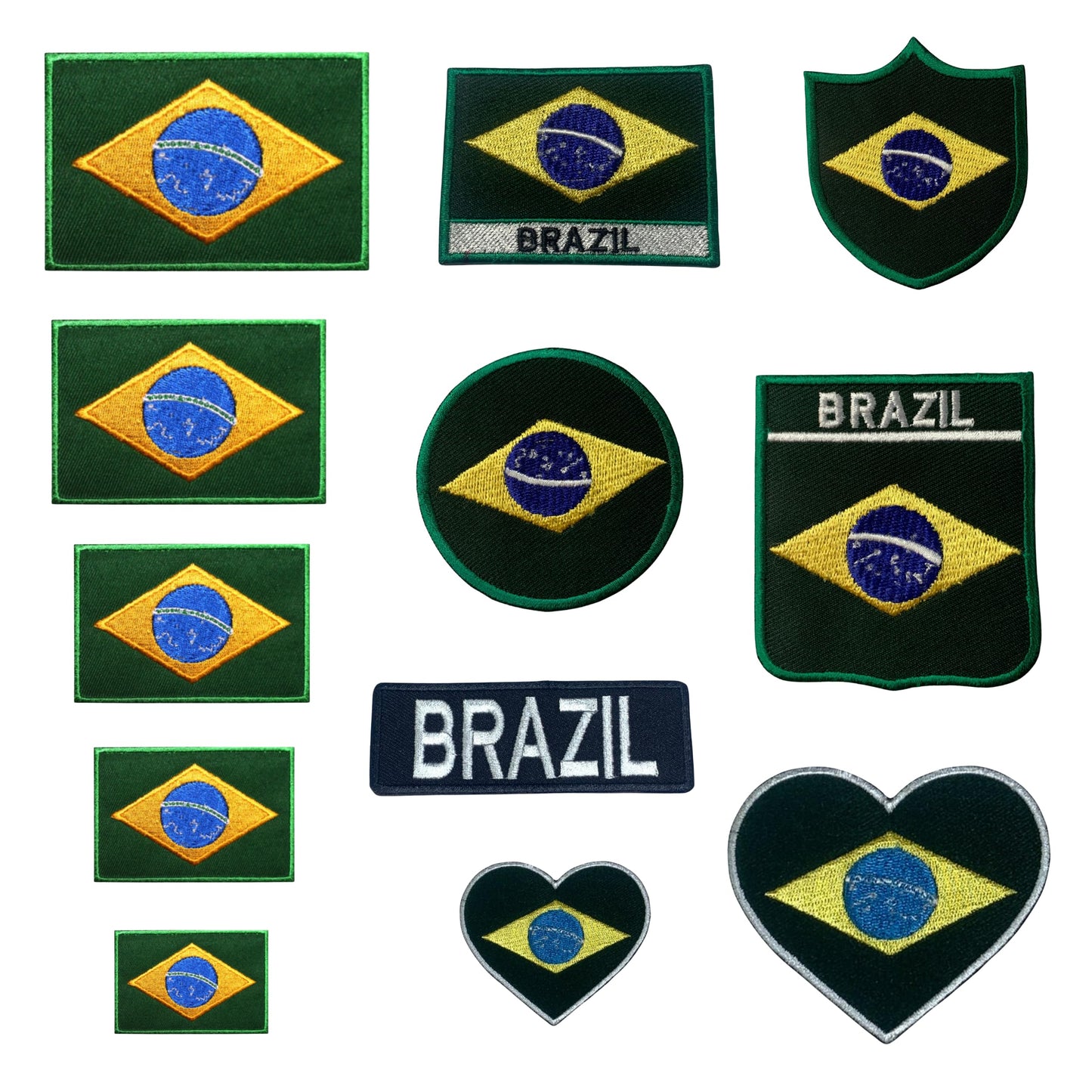 Brazil Flag Embroidered Patches, Iron-On/Sew-On Applique, Shield, Round, Heart and Rectangle Flag Badges for Jackets, Bags, Uniforms, Various Sizes