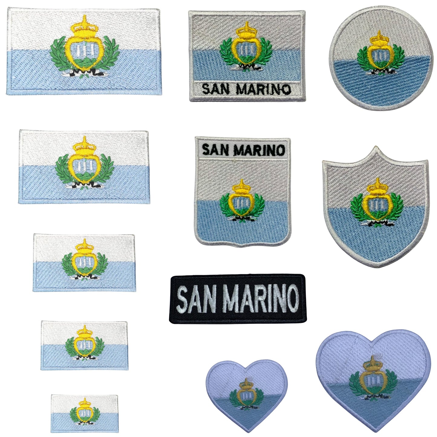San Marino Flag Embroidered Patch Set, Iron-On or Sew-On Applique Badges, Rectangle Shield Round Heart Shapes, for Jackets, Backpacks, Hats, Uniforms and Various Sizes