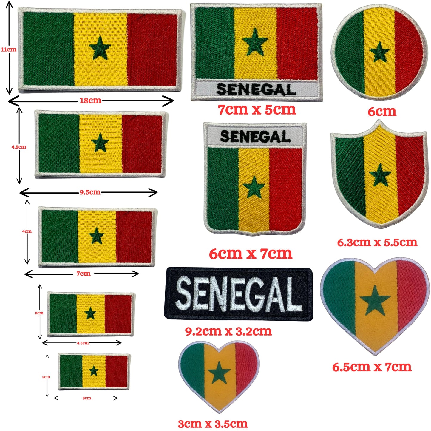 Senegal Flag Embroidered Patches, Iron-On/Sew-On Applique, Shield, Round, Heart and Rectangle Flag Badges for Jackets, Bags, Uniforms, Various Sizes