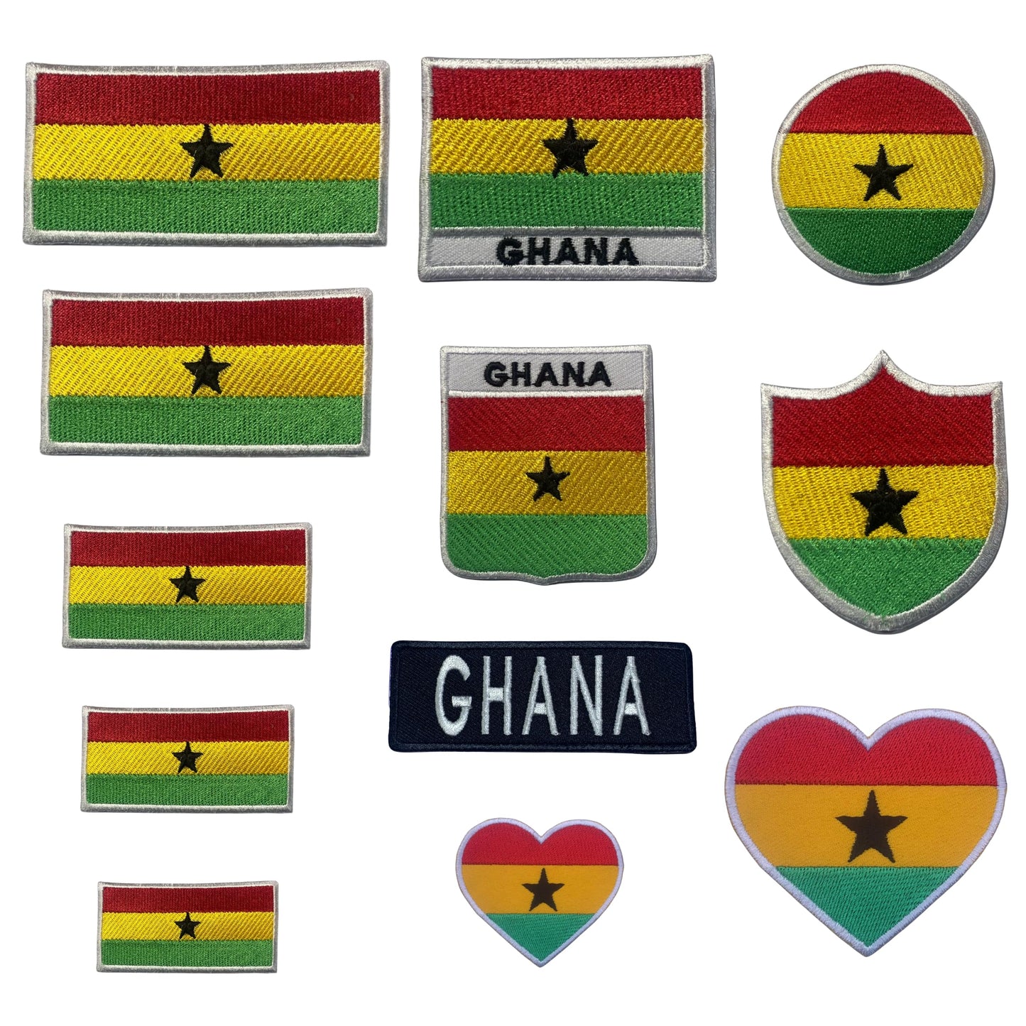 Ghana Flag Embroidered Patches, Iron-On/Sew-On Applique, Shield, Round, Heart and Rectangle Flag Badges for Jackets, Bags, Uniforms, Various Sizes