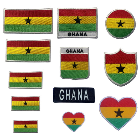 Ghana Flag Embroidered Patches, Iron-On/Sew-On Applique, Shield, Round, Heart and Rectangle Flag Badges for Jackets, Bags, Uniforms, Various Sizes