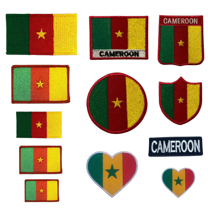Cameroon Flag Embroidered Patch Set, Iron-On or Sew-On Applique Badges, Rectangle Shield Round Heart Shapes, for Jackets, Backpacks, Hats, Uniforms and Various Sizes