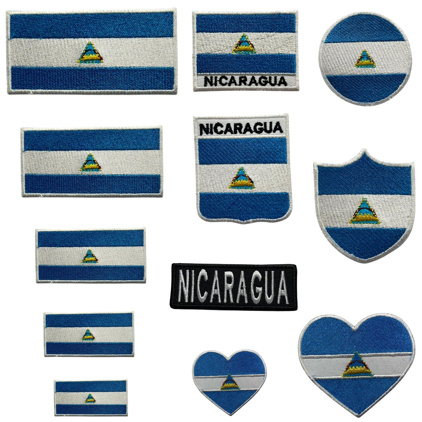 Nicaragua Flag Embroidered Patch Set, Iron-On or Sew-On Applique Badges, Rectangle Shield Round Heart Shapes, for Jackets, Backpacks, Hats, Uniforms and Various Sizes