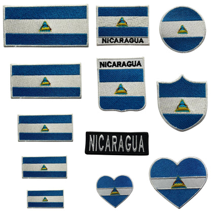 Nicaragua Flag Embroidered Patch Set, Iron-On or Sew-On Applique Badges, Rectangle Shield Round Heart Shapes, for Jackets, Backpacks, Hats, Uniforms and Various Sizes