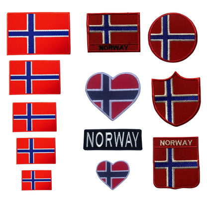 BeBuz Norway Flag Embroidered Patches, Iron-On/Sew-On Applique, Shield, Round, Heart and Rectangle Flag Badges for Jackets, Bags, Uniforms, Various Sizes